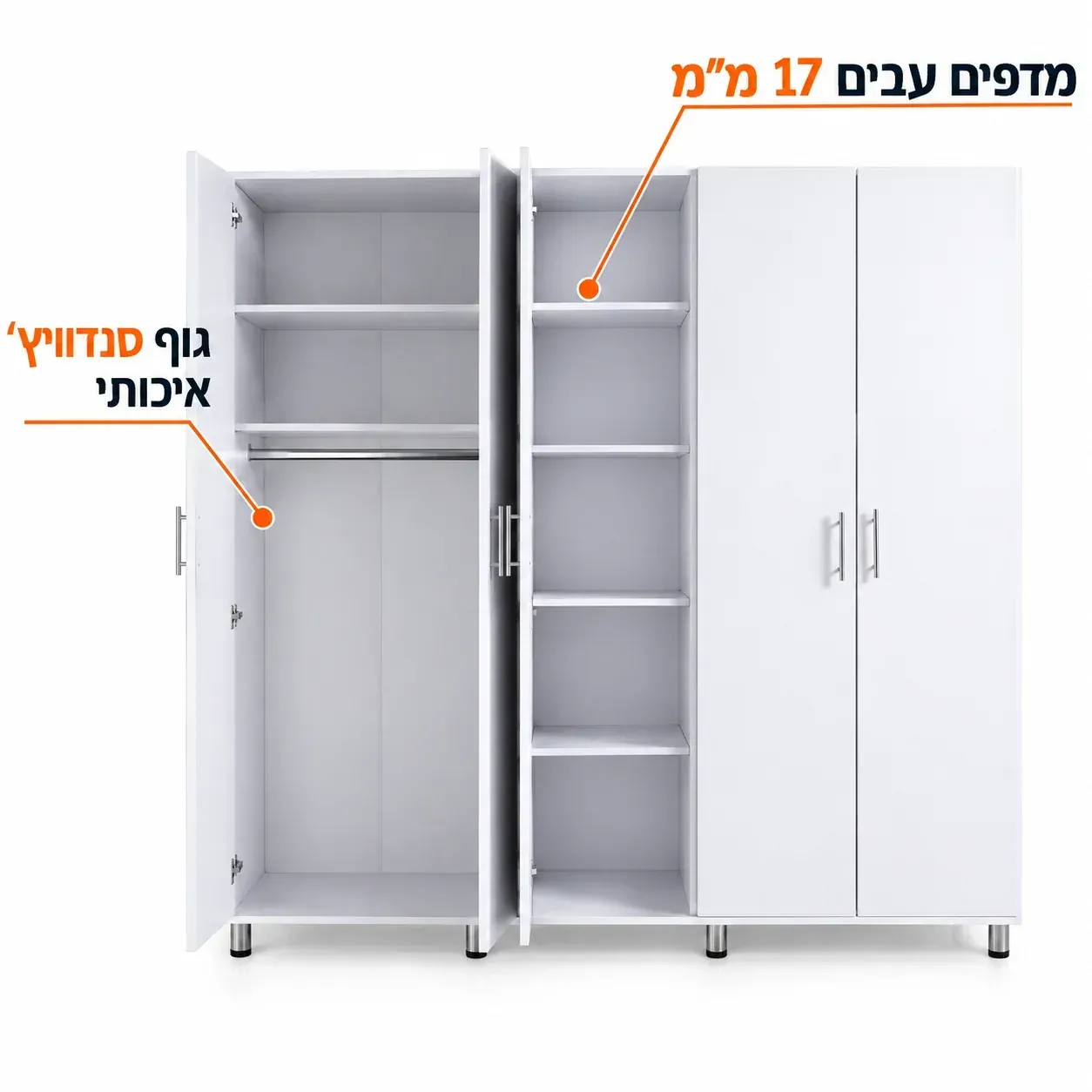 לחיצה להגדלה ארון בגדים 5 דלתות, עץ סנדוויץ' לבן